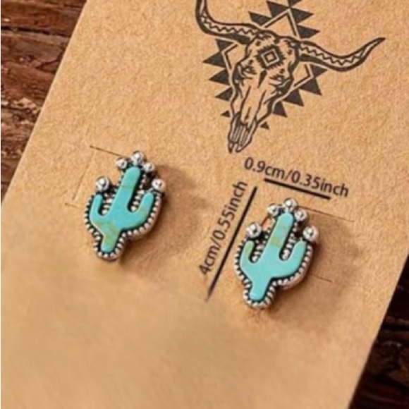 Southwest Style Antique Silver Boho Turquoise Cactus Earrings - Picture 2 of 2